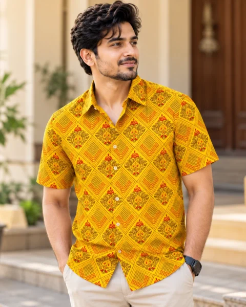 R1 | আড়ং ফেব্রিক্সের প্রিমিয়াম হলুদ ট্র্যাডিশনাল জিওমেট্রিক প্রিন্ট হাফ স্লিভ শার্ট