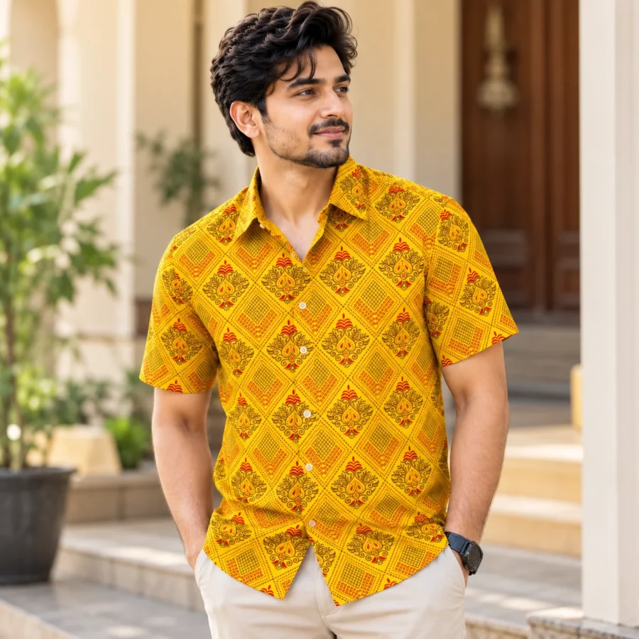 R1 | আড়ং ফেব্রিক্সের প্রিমিয়াম হলুদ ট্র্যাডিশনাল জিওমেট্রিক প্রিন্ট হাফ স্লিভ শার্ট