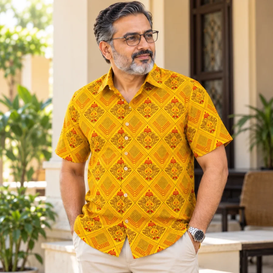 R1 | আড়ং ফেব্রিক্সের প্রিমিয়াম হলুদ ট্র্যাডিশনাল জিওমেট্রিক প্রিন্ট হাফ স্লিভ শার্ট — image 3